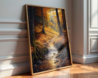 Peaceful Autumn Forest Creek Wall Art | Golden Leaves & Serene Stream | Nature-Inspired Home Decor | Digital Download