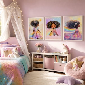 May include: Three framed wall art prints featuring illustrations of a young person with dark curly hair in a colorful dress, displayed above a white storage unit with woven baskets and pink bins in a bedroom with a rainbow-themed bed and decor.