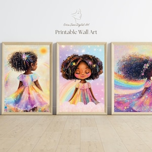 May include: Three framed prints of digital art featuring a young person with dark curly hair and a rainbow-colored dress. The artwork includes celestial elements like stars, clouds, and rainbows in a soft, pastel color palette. The text reads Erica Jane Digital Art Printable Wall Art.