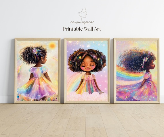 Black Girl Nursery Wall Art Set of 3, Black Princess Wall Art, Black Toddler Room Decor, African American Girl Wall Art, Digital Download