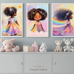 May include: Three framed wall art prints featuring illustrations of a young person with dark curly hair wearing a colorful rainbow dress. The artwork displays vibrant pastel colors, rainbows, and stars, set against a soft, dreamy background.