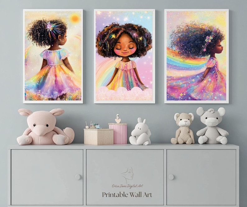 May include: Three framed wall art prints featuring illustrations of a young person with dark curly hair wearing a colorful rainbow dress. The artwork displays vibrant pastel colors, rainbows, and stars, set against a soft, dreamy background.
