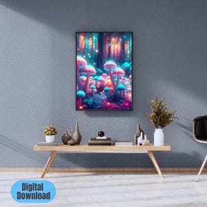 Bioluminescent Printable Wall Art, Enchanted Woodland Mushrooms, Magical Forest Print, Whimsical Digital Decor Download