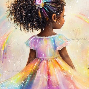 May include: A digital painting of a child with dark curly hair styled in a high ponytail with colorful floral accents, wearing a vibrant, multi-colored dress with a flared skirt. The background features a glowing sun and a rainbow.