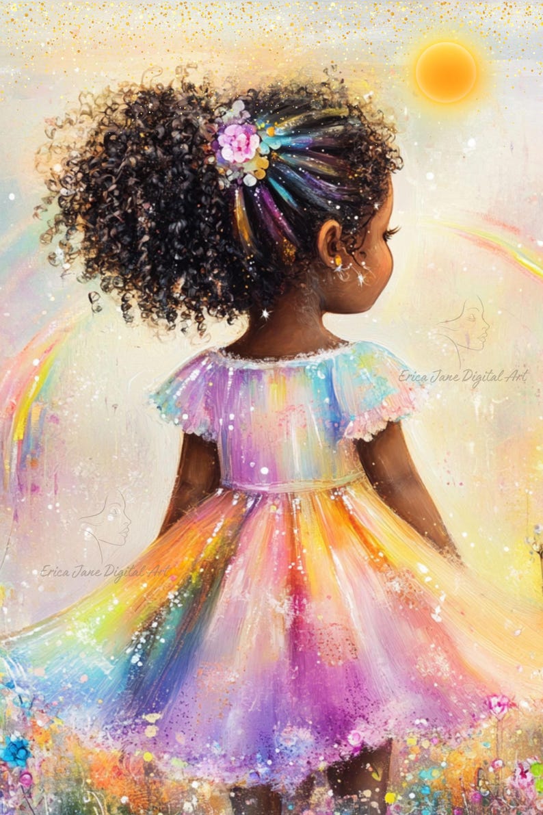 May include: A digital painting of a child with dark curly hair styled in a high ponytail with colorful floral accents, wearing a vibrant, multi-colored dress with a flared skirt. The background features a glowing sun and a rainbow.