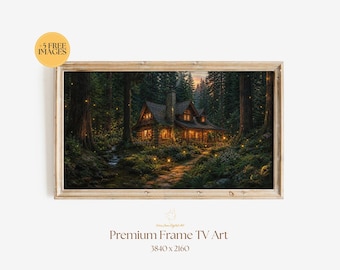 Firefly Forest Cabin Frame TV Art, Cozy Woodland Cottage Digital Download, Enchanted Forest TV Screensaver, Rustic Nature Landscape
