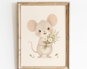Whimsical Nursery Mouse Printable Wall Art for New Baby's Room, Storybook Character Decor, Woodland Animal Poster, Digital Download
