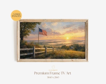 Americana Frame TV Art, American Flag Sunrise Landscape, Rustic Country Summer Decor, Samsung Frame TV Digital Download