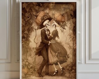 Gothic Skeleton Couple Print: Romantic Halloween Sepia Decor (Digital Download)