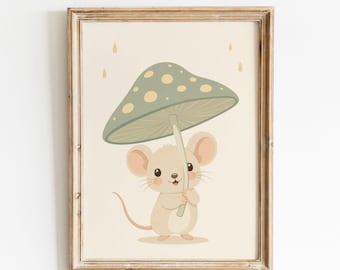 Whimsical Nursery Mouse Printable Wall Art, Woodland Animal Poster, Storybook Character Decor for New Baby's Room, Digital Download
