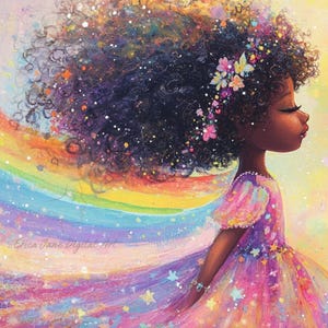 May include: A digital art print featuring a person with voluminous dark curly hair adorned with small flowers, wearing a vibrant pink and purple dress decorated with stars. A rainbow trail flows behind them against a bright, speckled background.