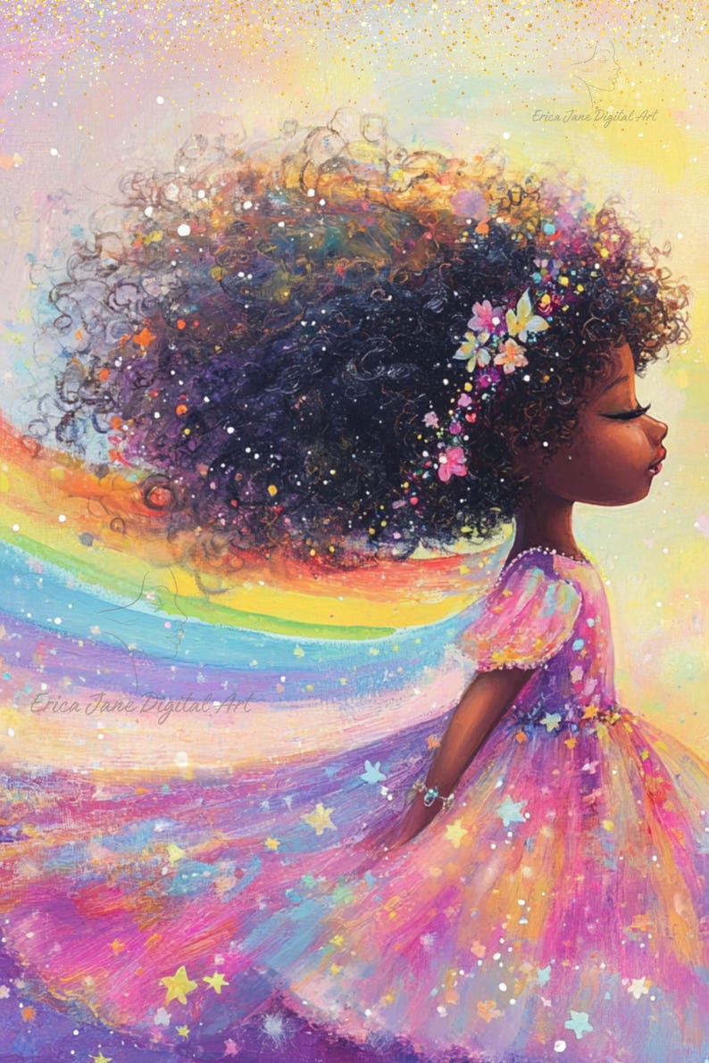 May include: A digital art print featuring a person with voluminous dark curly hair adorned with small flowers, wearing a vibrant pink and purple dress decorated with stars. A rainbow trail flows behind them against a bright, speckled background.