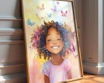 Joyful Black Girl Wall Art | Afro Girl with Butterflies | Whimsical Nursery Digital Print | Colorful Kids Room Decor | Printable Art