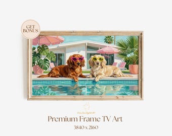 Dogs With Sunglasses Frame TV Art | Palm Springs Poolside Scene | Mid Century Modern Summer Decor | Digital Download for Smart TV