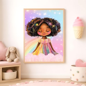 May include: A framed wall art print featuring a whimsical illustration of a young person with dark, curly hair adorned with sparkling stars. The figure wears a vibrant, multi-colored dress and sits atop soft pink clouds against a rainbow background.