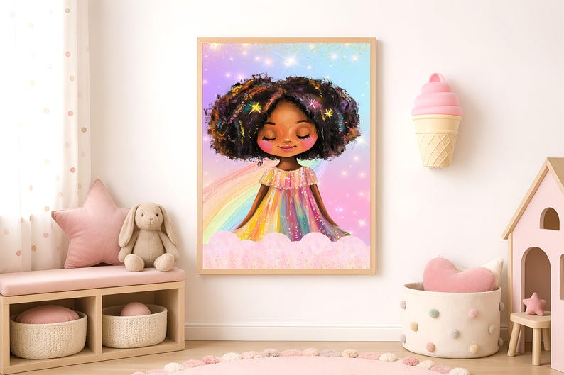 May include: A framed wall art print featuring a whimsical illustration of a young person with dark, curly hair adorned with sparkling stars. The figure wears a vibrant, multi-colored dress and sits atop soft pink clouds against a rainbow background.