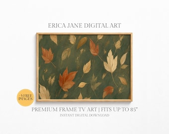 Sage Green Frame TV Art, Falling Leaves Samsung Frame TV Art, Gold Botanical Pattern Digital Download, Elegant Fall TV Art