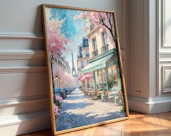 Paris Wall Art Storefront Printable, Paris cafe wall art, Serene Spring Watercolor, French bistro Eiffel Tower Digital Download