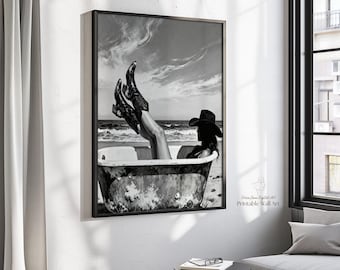 Decorazione murale con cowgirl nella vasca da bagno, decorazione per bagno con cowgirl costiera, stampa artistica in stile rustico western, estetica country vintage, download digitale