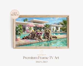 Funny Raccoon Poolside Frame TV Art, Cute Sunglasses Animals Summer Screensaver, Modern Home Decor Digital Download