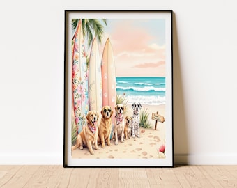 Surfing Dogs Beach House Art: Vintage Coastal Poster (Digital Download)