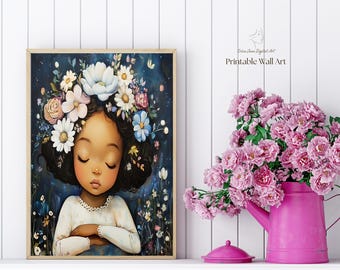 Cuadro floral de ensueño para la habitación infantil de niñas negras / Decoración infantil original / Lámina para niña afroamericana / Descarga digital