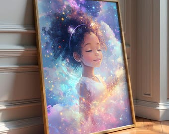 Black Girl Celestial Wall Art Print for Girls Room, Dreamy Cosmic Afro Girl Nursery Decor, Whimsical Kids Art, Digital Download