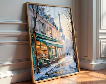 Paris Wall Art Storefront Printable, Paris cafe wall art, Serene Winter Watercolor, French bistro Eiffel Tower Digital Download