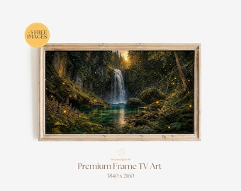 Firefly Waterfall Frame TV Art, Forest Waterfall Landscape Digital Download, Enchanted Nature Screensaver, Samsung Frame TV Art