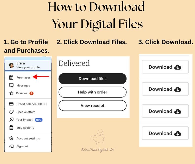 May include: An instructional graphic titled How to Download Your Digital Files with three steps. Step 1 shows a profile menu with a red arrow pointing to Purchases. Step 2 shows a Delivered button and Download files. Step 3 shows four Download buttons.