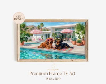 Dogs With Sunglasses Frame TV Art | Palm Springs Dachshunds by the Pool | Mid Century Modern Summer Decor | Digital Download for Smart TV