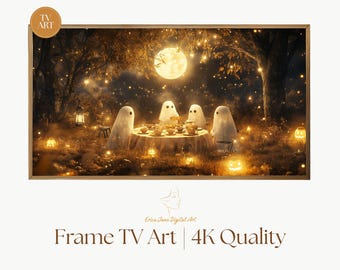 Halloween Frame TV Art, Ghost Tea Party Digital Download, Spooky Vintage Whimsical Ghosts, Cozy Samsung Frame TV Artwork 16:9 JPG