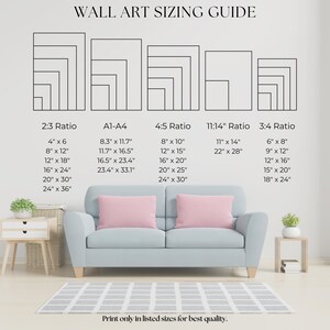May include: A wall art sizing guide chart featuring black line drawings of various rectangular aspect ratios including 2:3, A1-A4, 4:5, 11:14, and 3:4 with corresponding imperial measurements in inches listed below each category for reference.
