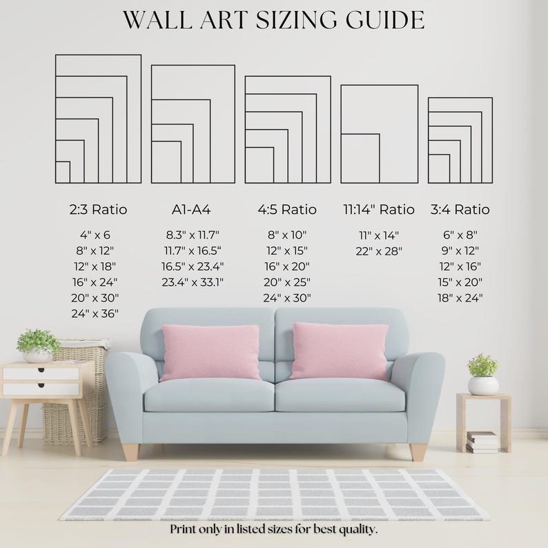 May include: A wall art sizing guide chart featuring black line drawings of various rectangular aspect ratios including 2:3, A1-A4, 4:5, 11:14, and 3:4 with corresponding imperial measurements in inches listed below each category for reference.