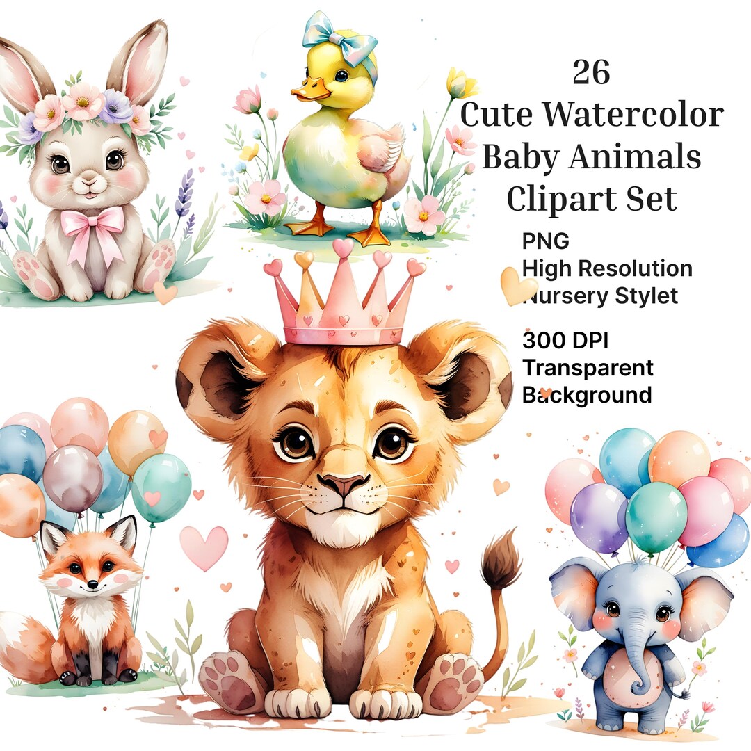 Cute Watercolor Baby Animals Clipart Set – 26 PNG Nursery Animals ...