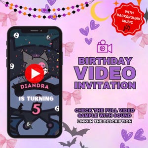 Convite de vídeo de aniversário de gatinho violeta fofo, convite de vídeo animado de gatinho preto, convite de vídeo de aniversário de gatinho, convite digital kawaii
