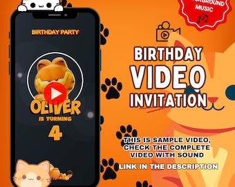 Funny Orange Cat Birthday Video Invitation: Personalized Playfull Birthday Party Digital Invite