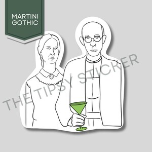 May include: A black and white line drawing of two people, a woman and a man, with the man holding a green martini glass. The text "MARTINI GOTHIC" is at the top of the image.