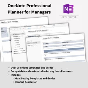 Peut inclure: Un planificateur numérique pour les gestionnaires utilisant OneNote. Le planificateur comprend des modèles pour les notes de réunion, les plans de projet et les tableaux de bord des employés. Le planificateur est personnalisable pour toute ligne de métier et comprend des modèles de définition d'objectifs et des guides de résolution de conflits.