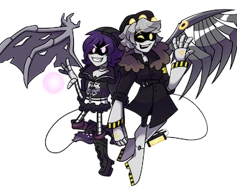 May include: Illustration of two anime-style characters with robotic features, wings, and dark clothing. One character has purple hair and a black outfit, holding a glowing pink orb. The other has gray hair, a black coat, and yellow accents.