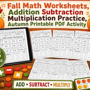 Herbstliche Mathe-Arbeitsblätter, Übungen zu Addition, Subtraktion und Multiplikation, druckbare PDF-Aktivitäten für den Herbst