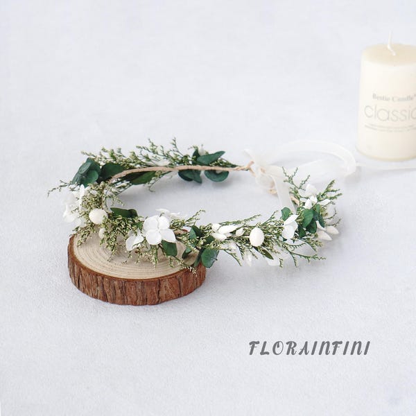 Boho White Hydrangea Love Grass Eucalyptus Crown/wedding bridal dried flower crown/Baby Baptism Crown/Gift for her