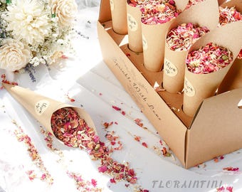 Golden Rose Dried Flower Wedding Confetti Set/handmade Cones and Tray/100% biodegradable wedding celebration confetti/Table and Aisle Decor