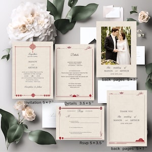 Modello di invito per matrimonio rosso asiatico Suite Canva Modifica Invito per matrimonio con lanterna Elegante invito tradizionale cinese Scarica stampabile