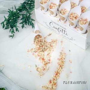 Op de afbeelding: Een witte kartonnen displaydoos met meerdere witte papieren kegels gevuld met confetti van gedroogde bloemblaadjes. De doos is voorzien van de tekst "THROW SOME Confetti". Eén kegel ligt op zijn kant en morst roze en crèmekleurige bloemblaadjes.
