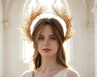 Corona floral estilo bohemio en forma de media luna, tocado rústico para bodas en el bosque, accesorio para el cabello para fugas otoñales.
