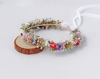Corona bohemia de margaritas, nomeolvides y hierba de cristal / Corona de flores secas para novias / Corona de bautizo para bebés / Regalo para ella