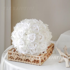 Preserved White Rose & Hydrangea Bridal Bouquet: Handmade Pearl Beaded Wedding Flowers