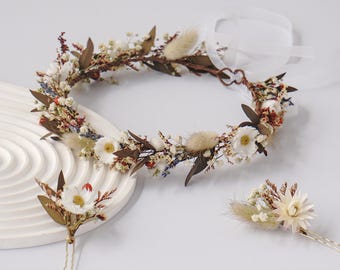 Conjunto de corona nupcial bohemia neutra de eucalipto y paniculata / Corona con temática otoñal / Corona para niña / Corona de boda festiva / Regalo para ella