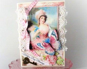 MOTHER’S DAY card Handmade Homemade vintage style Mother Mom Greeting card Pink Shabby